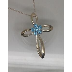Vintage Sterling Silver Blue Topaz Flower Slide Cross Pendant Necklace Chain‎